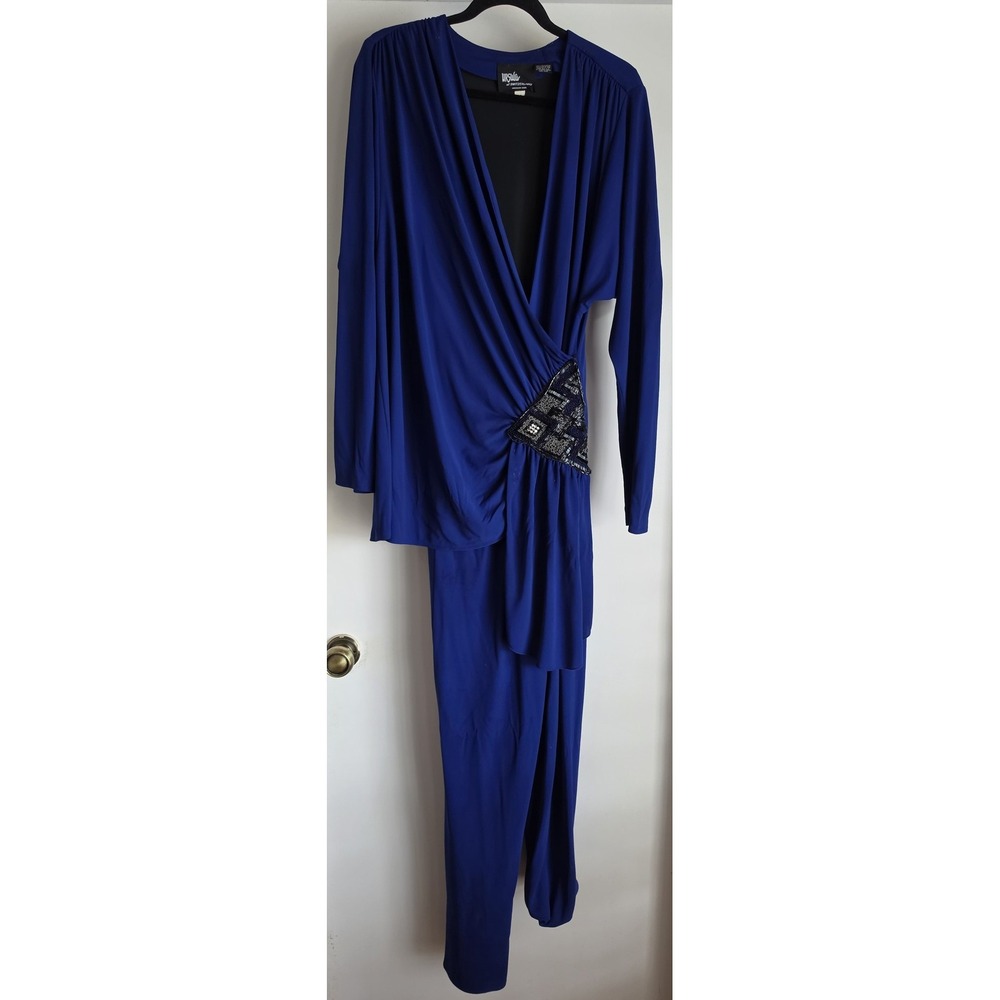 Ursula of Switzerland Jumpsuit Women M Blue Formal Long Sleeve V-Neck Brooch NWT